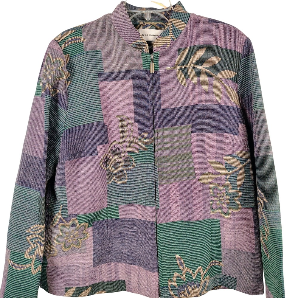 Alfred Dunner Womens SZ 16 Tapestry Jacket Purple Green Floral Patchwork Artsy